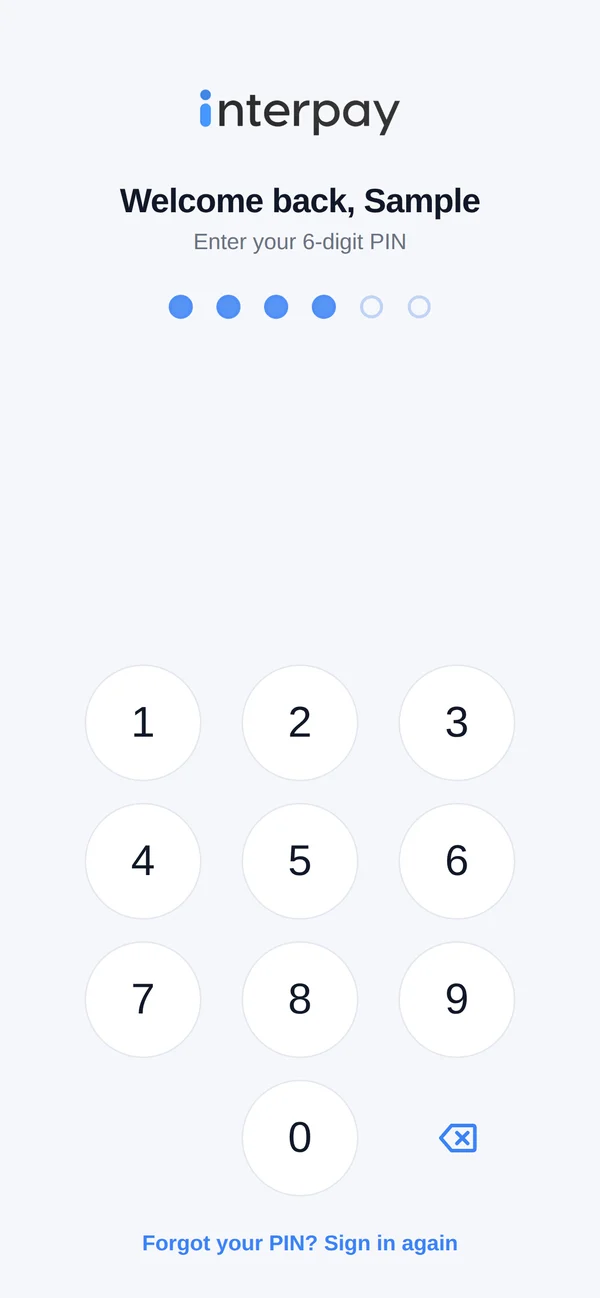Interpay app lock screen with 6-digit PIN