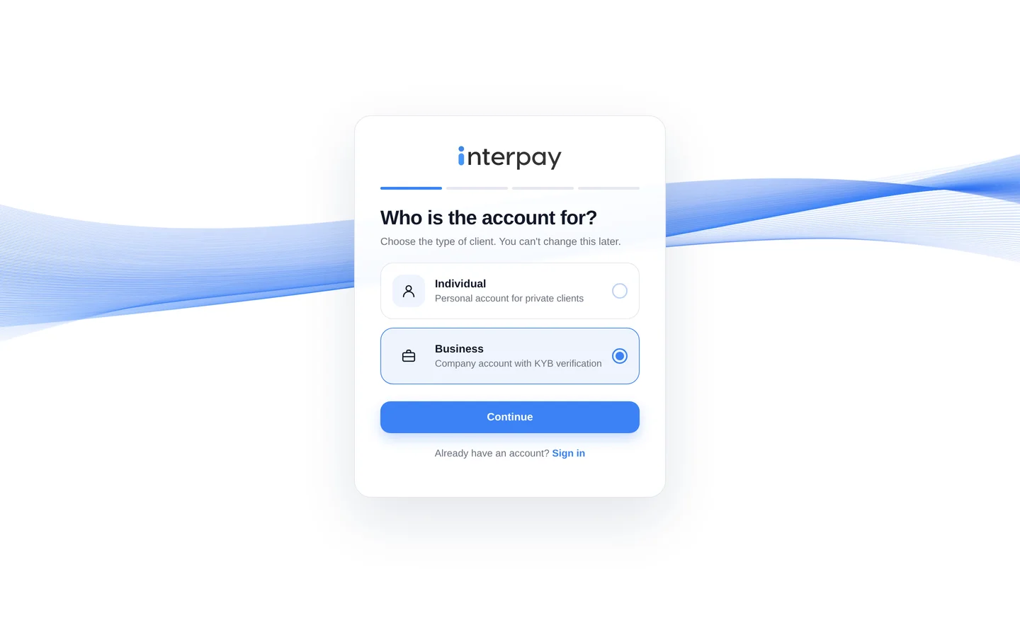 Open an account in the Interpay web portal: individual or business