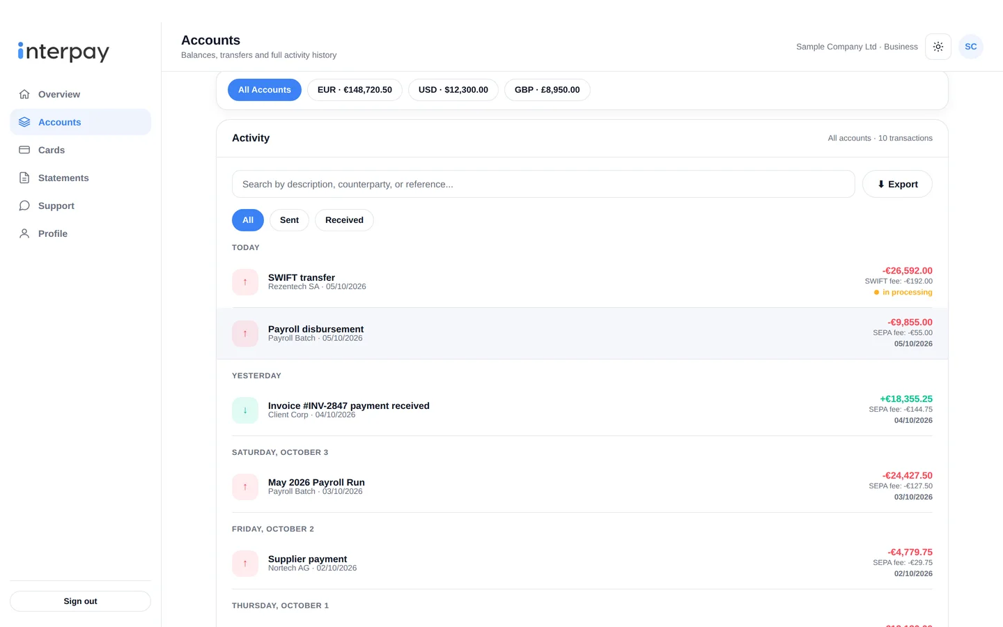 Transactions with search, filters and daily balances